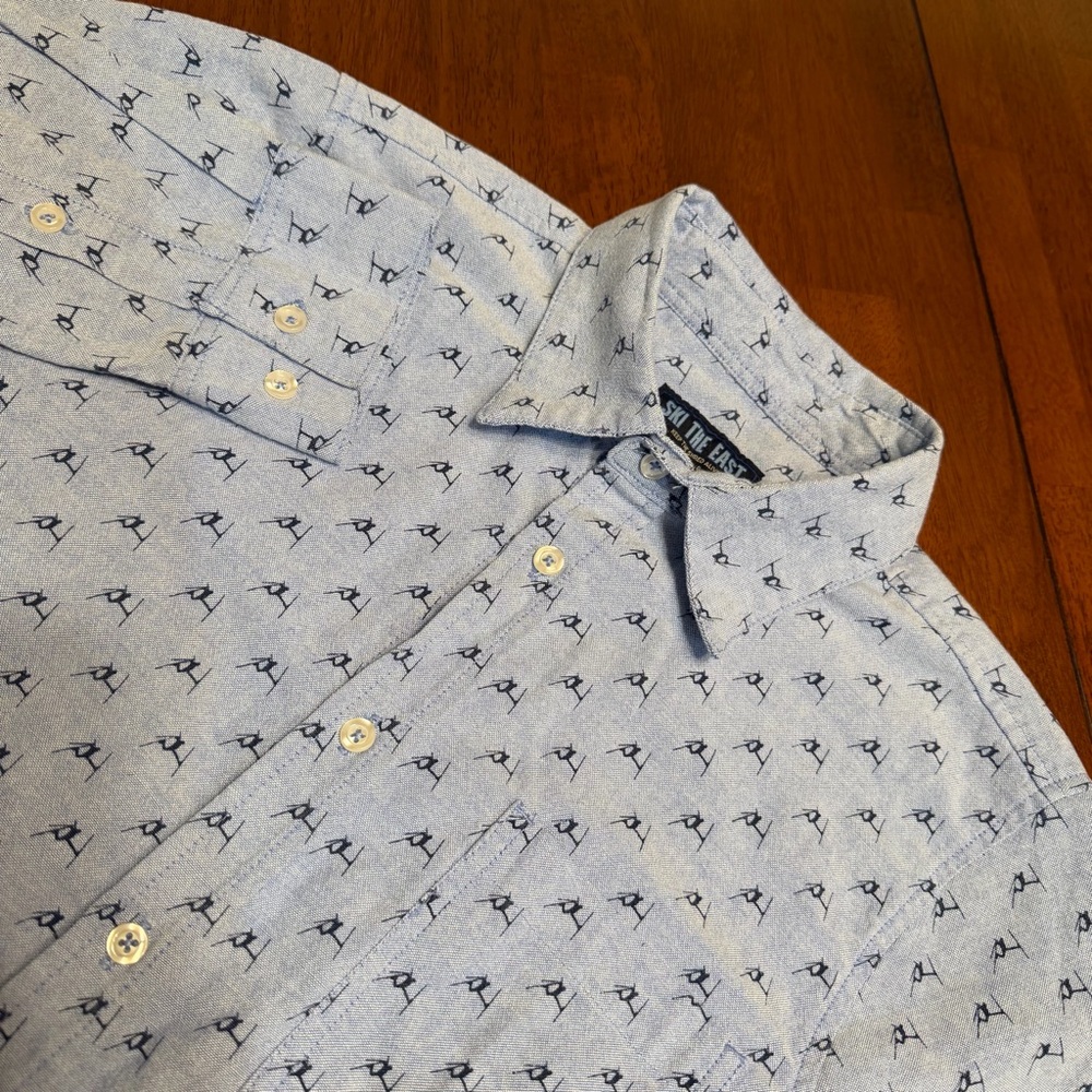 Ski the East AOP Shirt Mens Medium Blue Skier All Over Print Long Sleeve Button